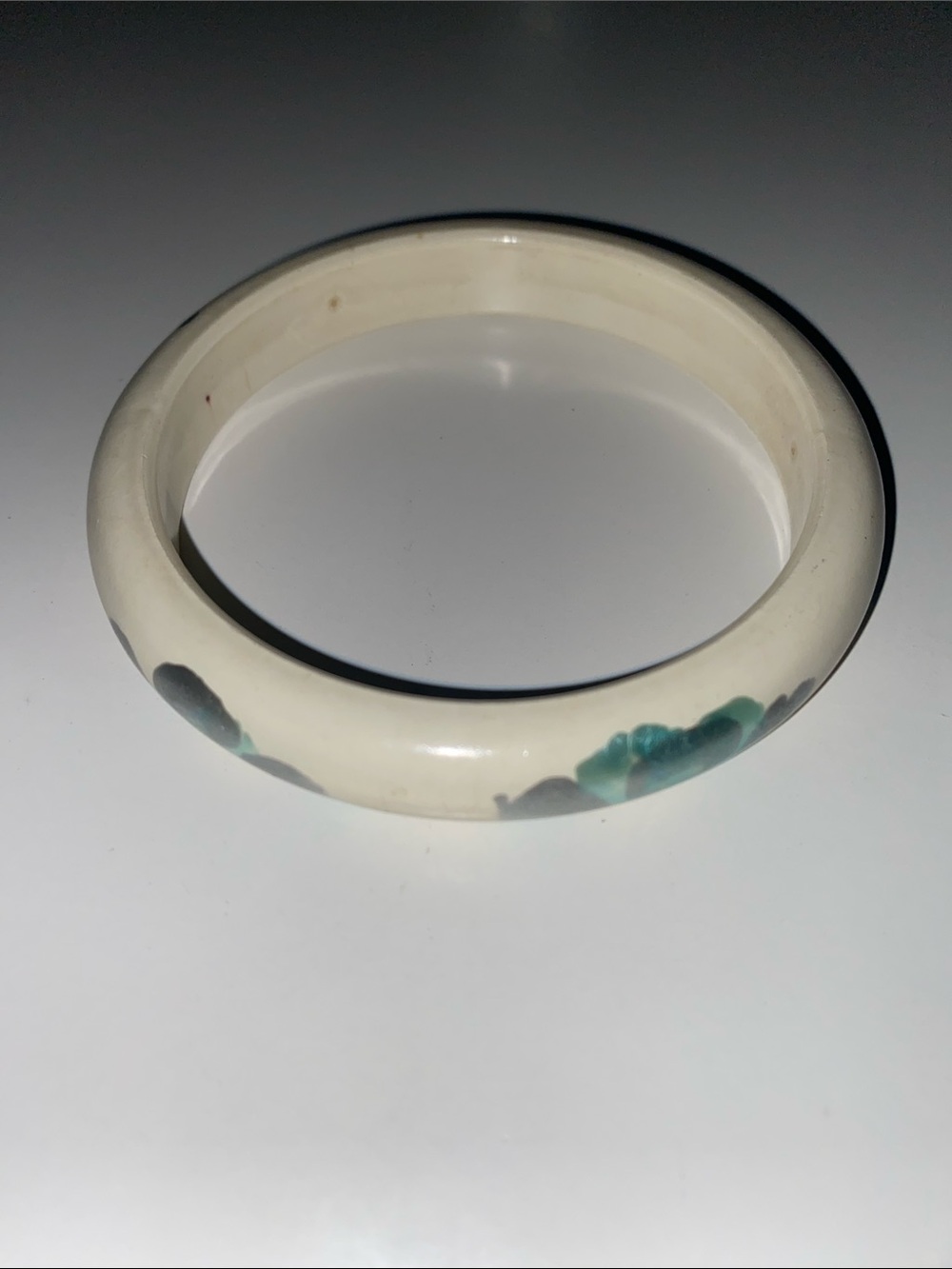 Hand-Painted Cream Ceramic Bangle Bracelet with Teal Accents